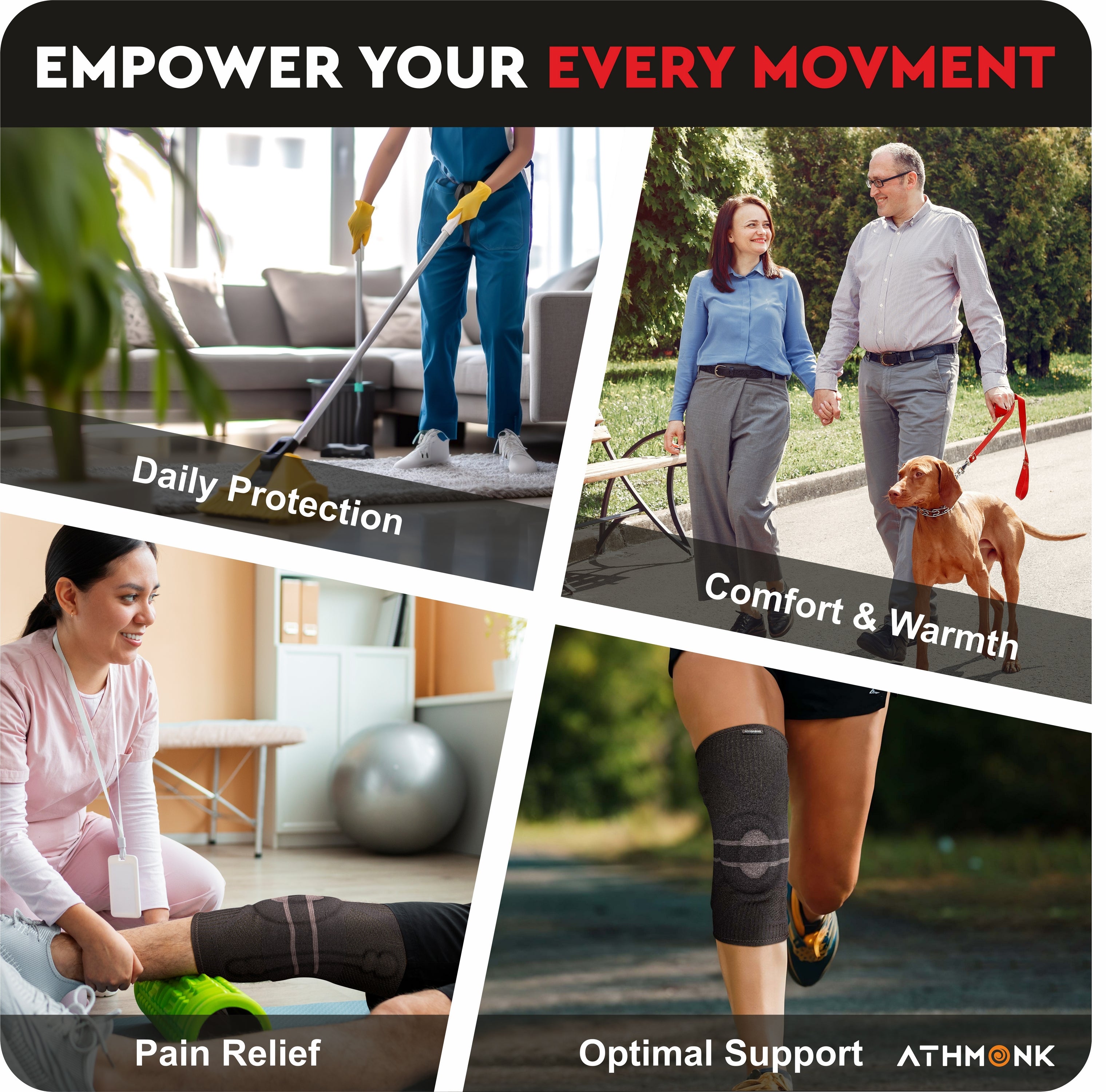 Athmonk 3D Patella Silicone Gel Pad Compression Knee Caps Supporter For Women & Men Charcoal Black